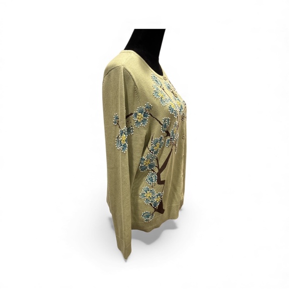 CJ Banks Sage Green Beaded Sequined Tree Design Cardigan 100% Cotton Sweater 14W - Picture 2 of 10
